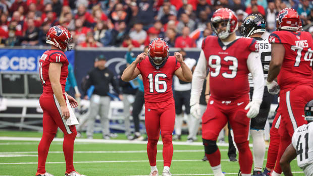 Houston Texans place kicker Matt Ammendola (16) reacts after missing a field goal attempt during the second quarter against the Jacksonville Jaguars at NRG Stadium.